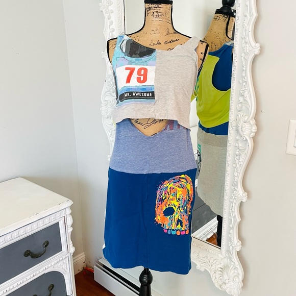 SALE One of a Kind SAMPLE Colorful POP Reconstructed T-Shirt Dress - Picture 1 of 7